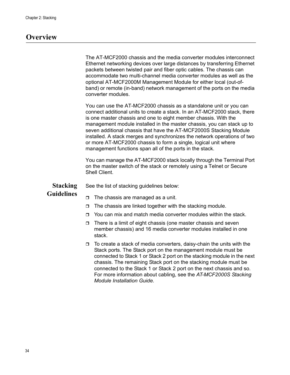 Overview, Stacking guidelines | Allied Telesis AT-S97 User Manual | Page 34 / 242