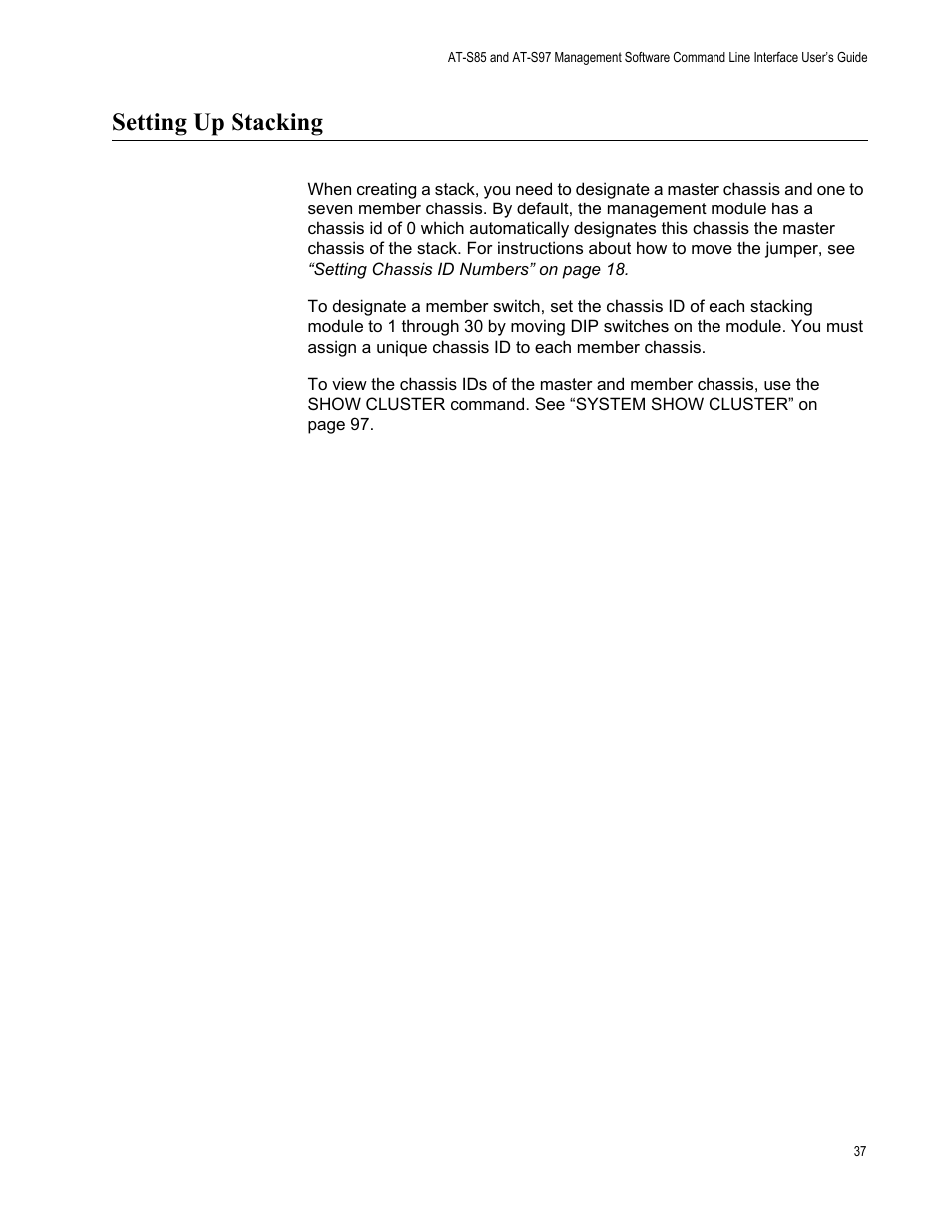 Setting up stacking | Allied Telesis AT-S97 User Manual | Page 37 / 242