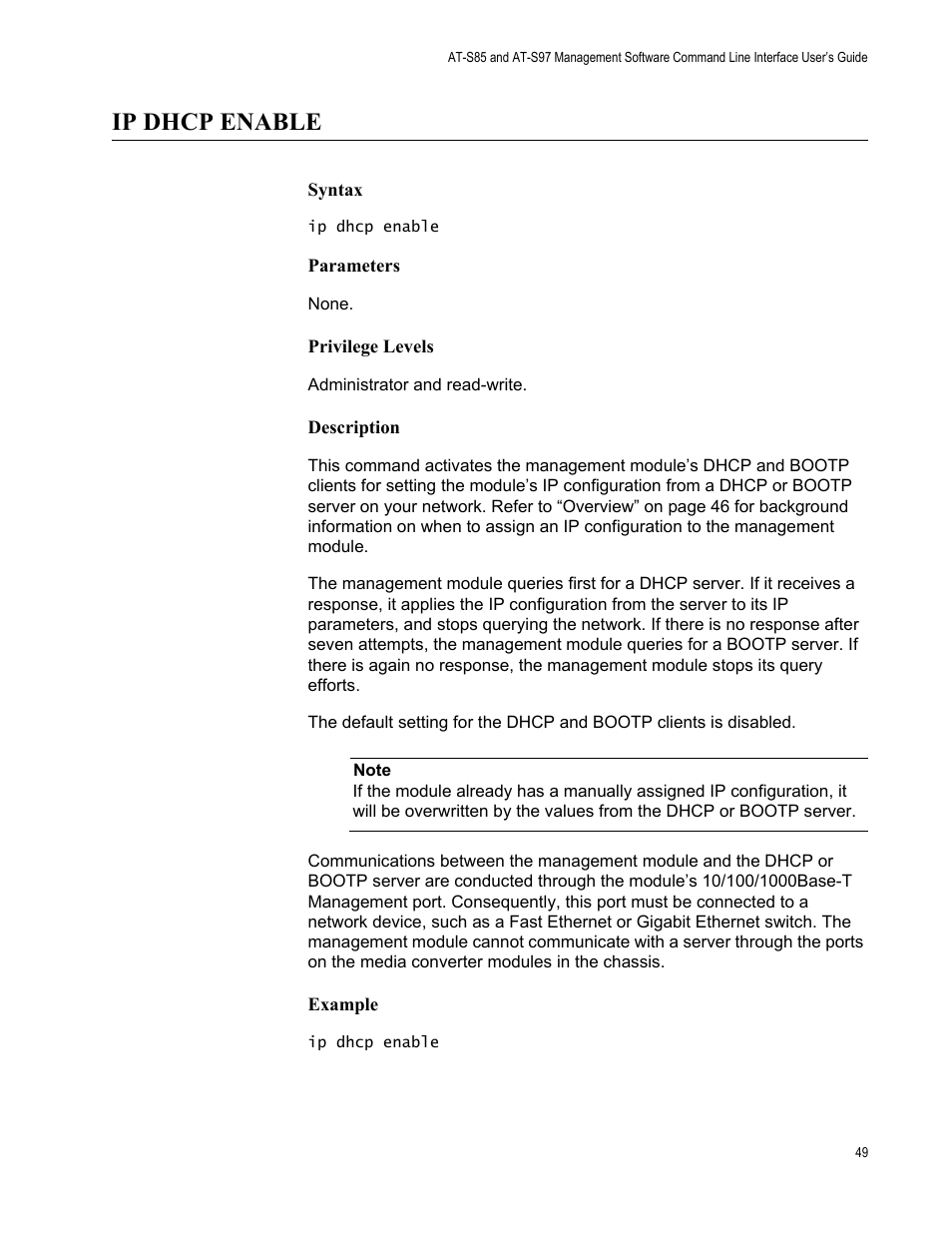 Ip dhcp enable | Allied Telesis AT-S97 User Manual | Page 49 / 242