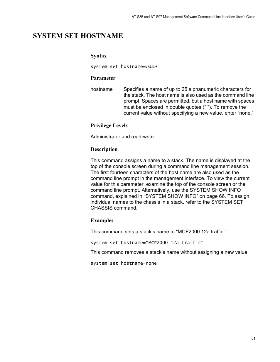 System set hostname | Allied Telesis AT-S97 User Manual | Page 61 / 242
