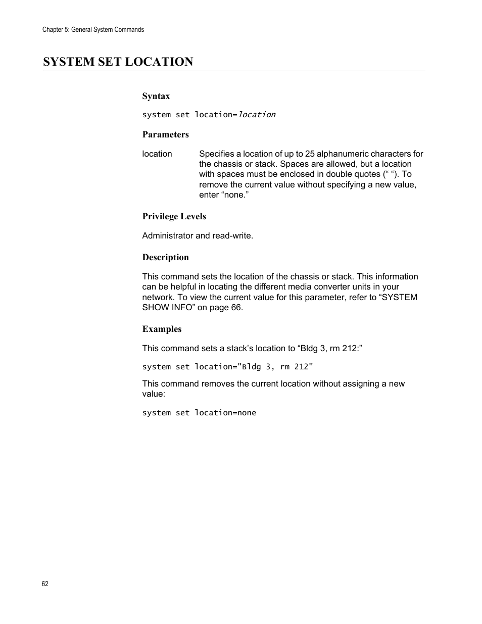 System set location | Allied Telesis AT-S97 User Manual | Page 62 / 242