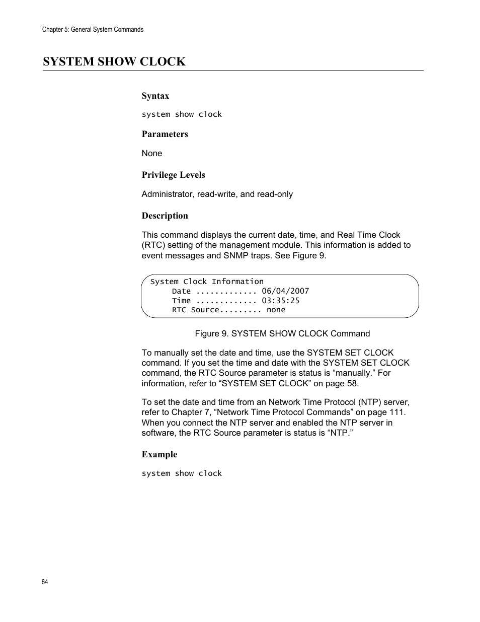System show clock, Figure 9: system show clock command | Allied Telesis AT-S97 User Manual | Page 64 / 242