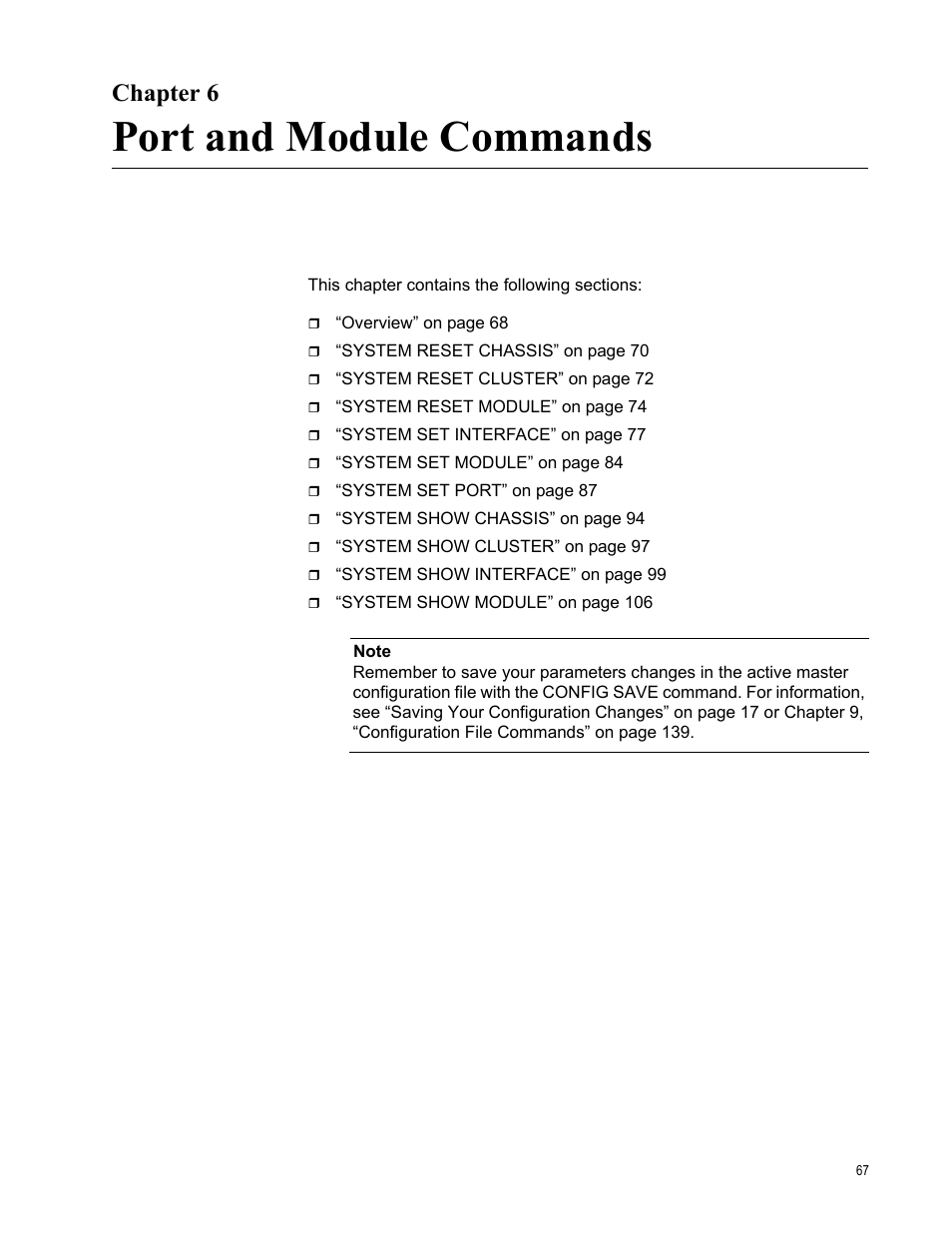 Chapter 6, Port and module commands, Chapter 6: port and module commands | Allied Telesis AT-S97 User Manual | Page 67 / 242