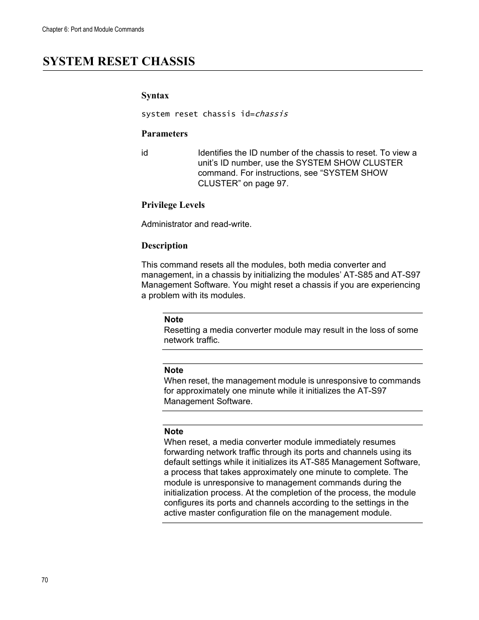 System reset chassis | Allied Telesis AT-S97 User Manual | Page 70 / 242