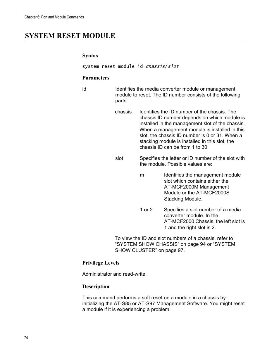 System reset module | Allied Telesis AT-S97 User Manual | Page 74 / 242