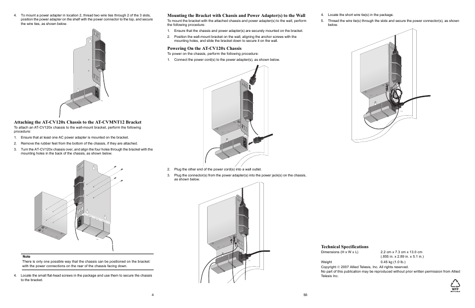 Powering on the at-cv120x chassis, Technical specifications | Allied Telesis AT-CVMT12 User Manual | Page 2 / 2
