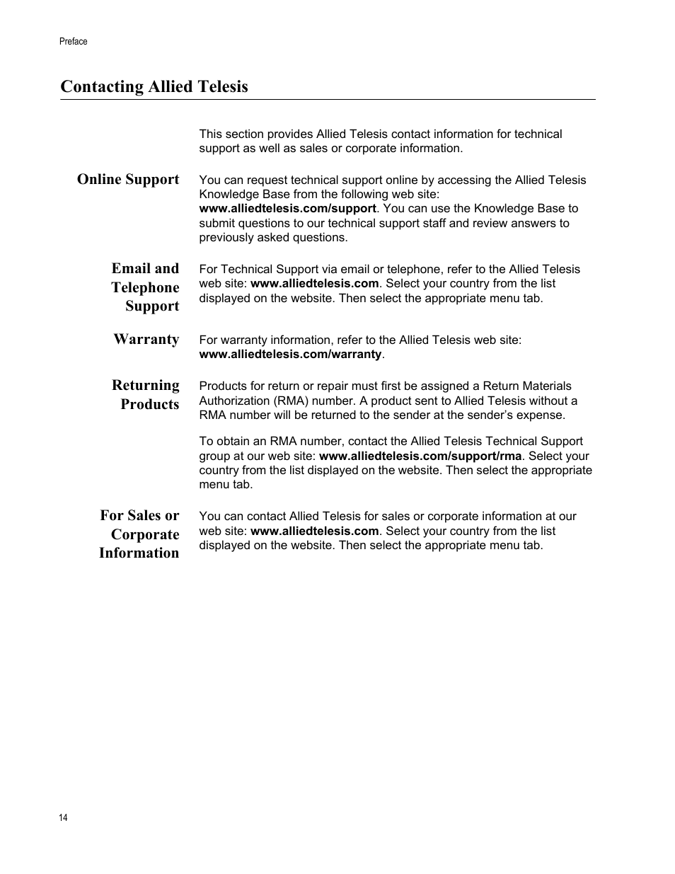 Contacting allied telesis, Online support, Email and telephone support | Warranty, Returning products, For sales or corporate information | Allied Telesis AT-CV1203 User Manual | Page 14 / 44