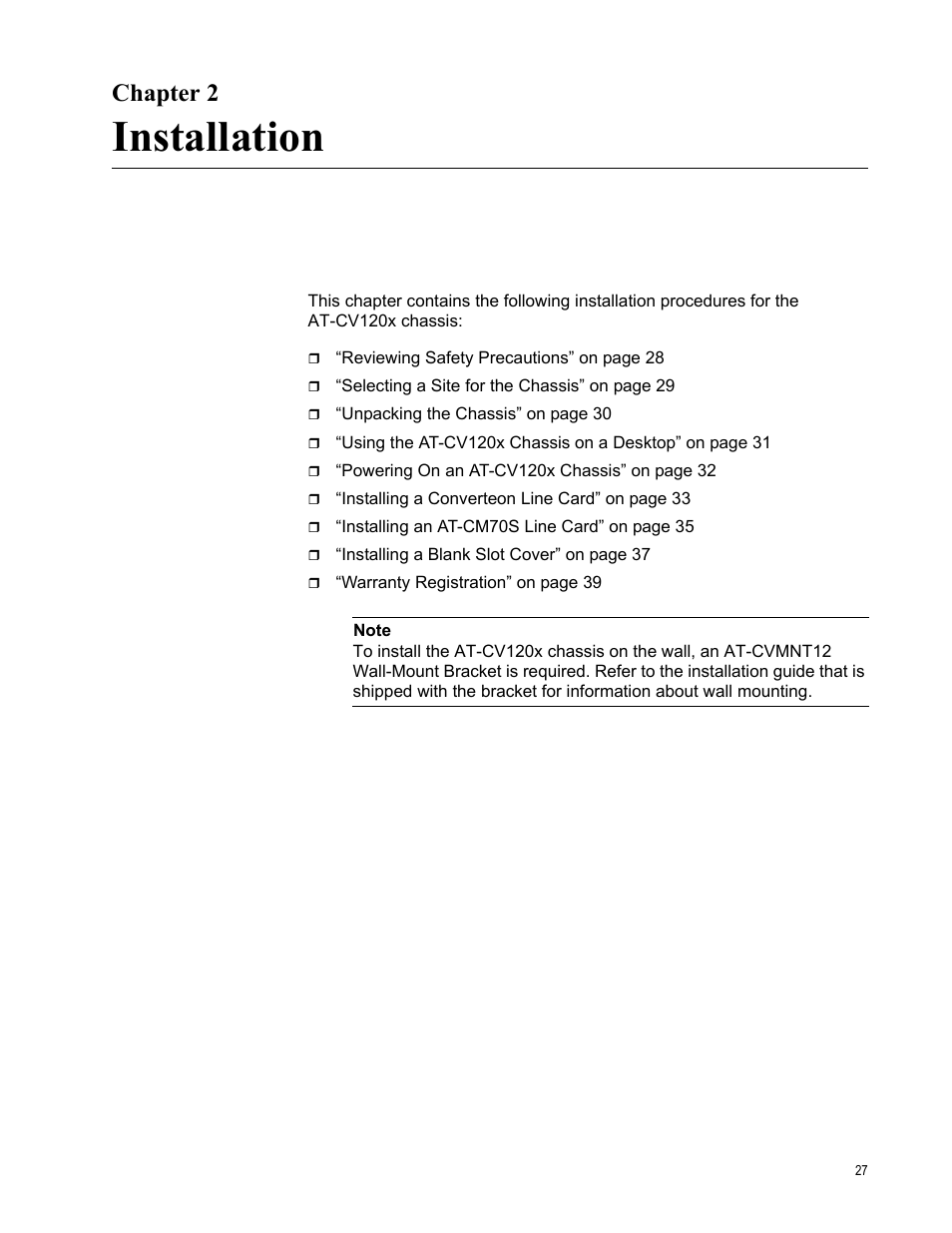 Chapter 2, Installation, R 2: installation | Allied Telesis AT-CV1203 User Manual | Page 27 / 44