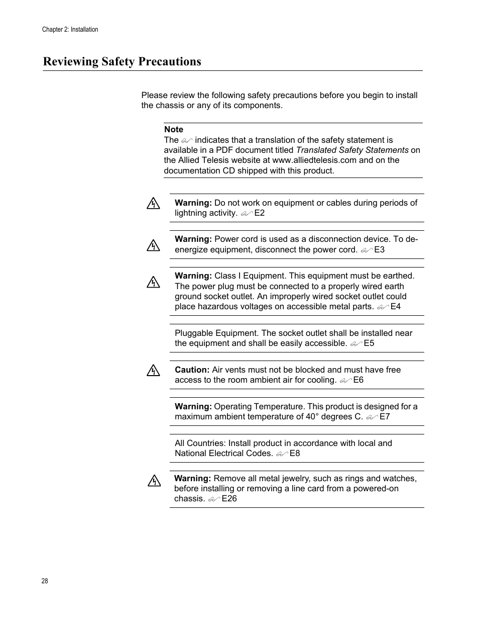 Reviewing safety precautions | Allied Telesis AT-CV1203 User Manual | Page 28 / 44