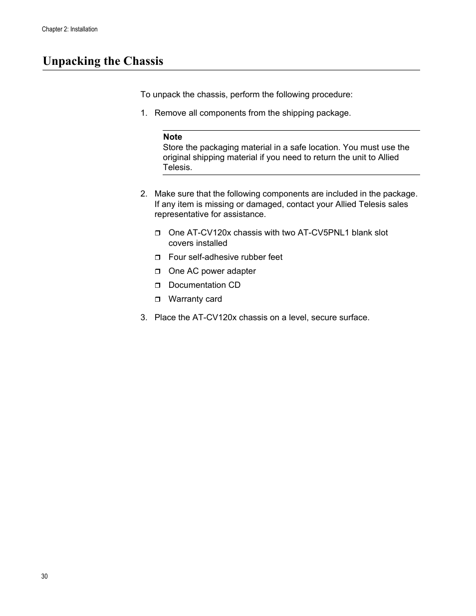 Unpacking the chassis | Allied Telesis AT-CV1203 User Manual | Page 30 / 44