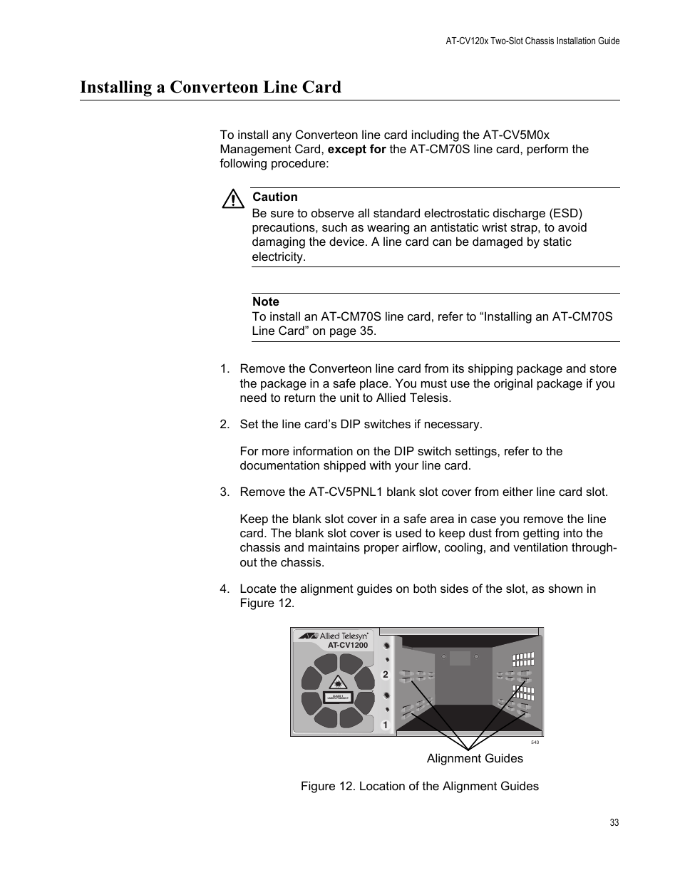 Installing a converteon line card, E instructions in “installing a | Allied Telesis AT-CV1203 User Manual | Page 33 / 44
