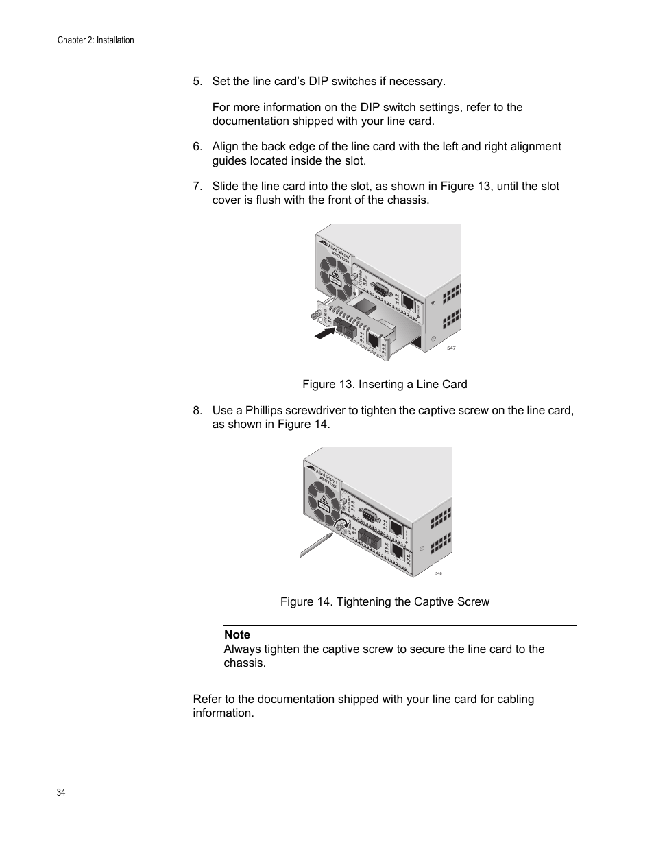 Chapter 2: installation 34, Class 1 laser produc t, Rd y | Allied Telesis AT-CV1203 User Manual | Page 34 / 44