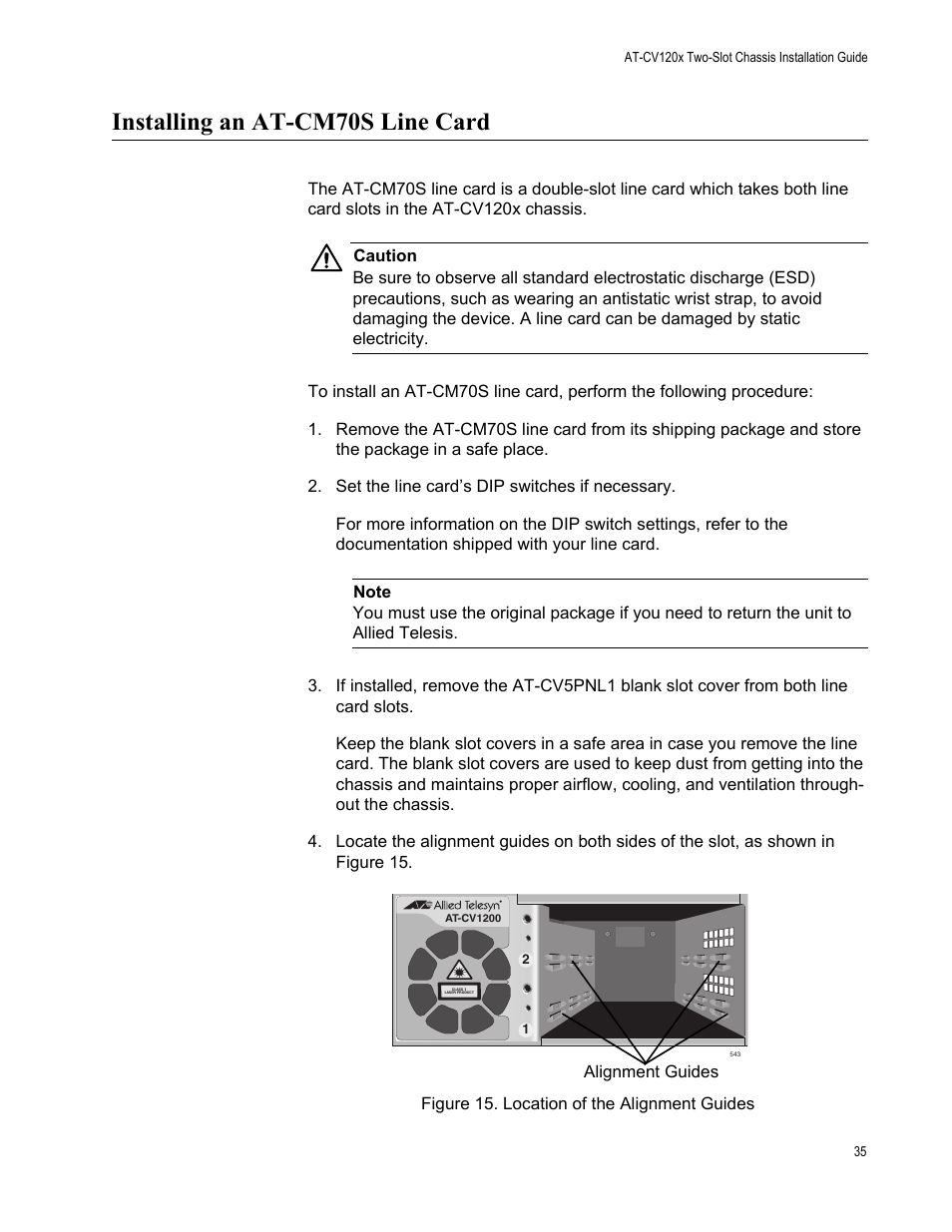 Installing an at-cm70s line card | Allied Telesis AT-CV1203 User Manual | Page 35 / 44