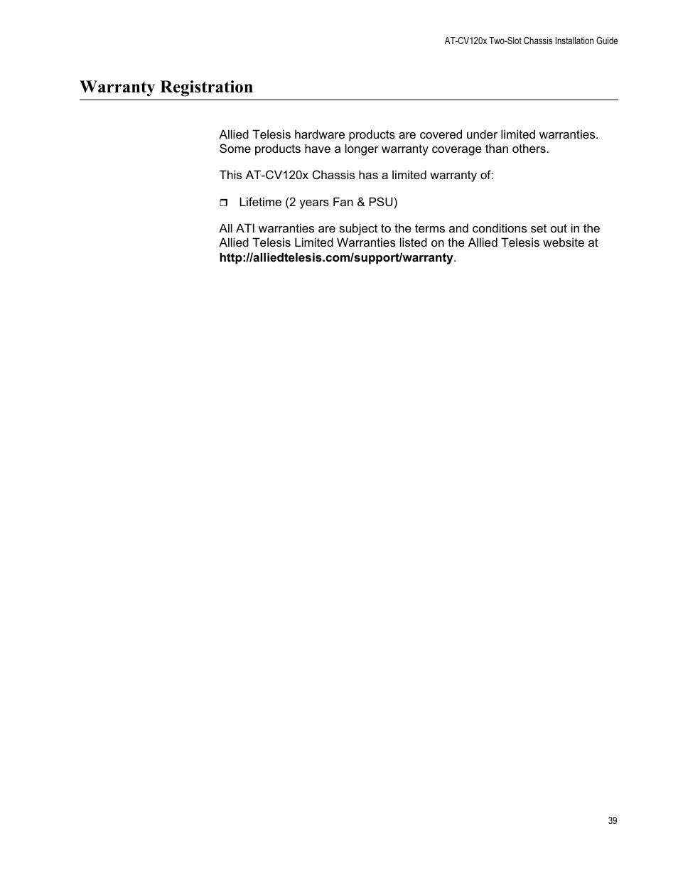 Warranty registration | Allied Telesis AT-CV1203 User Manual | Page 39 / 44