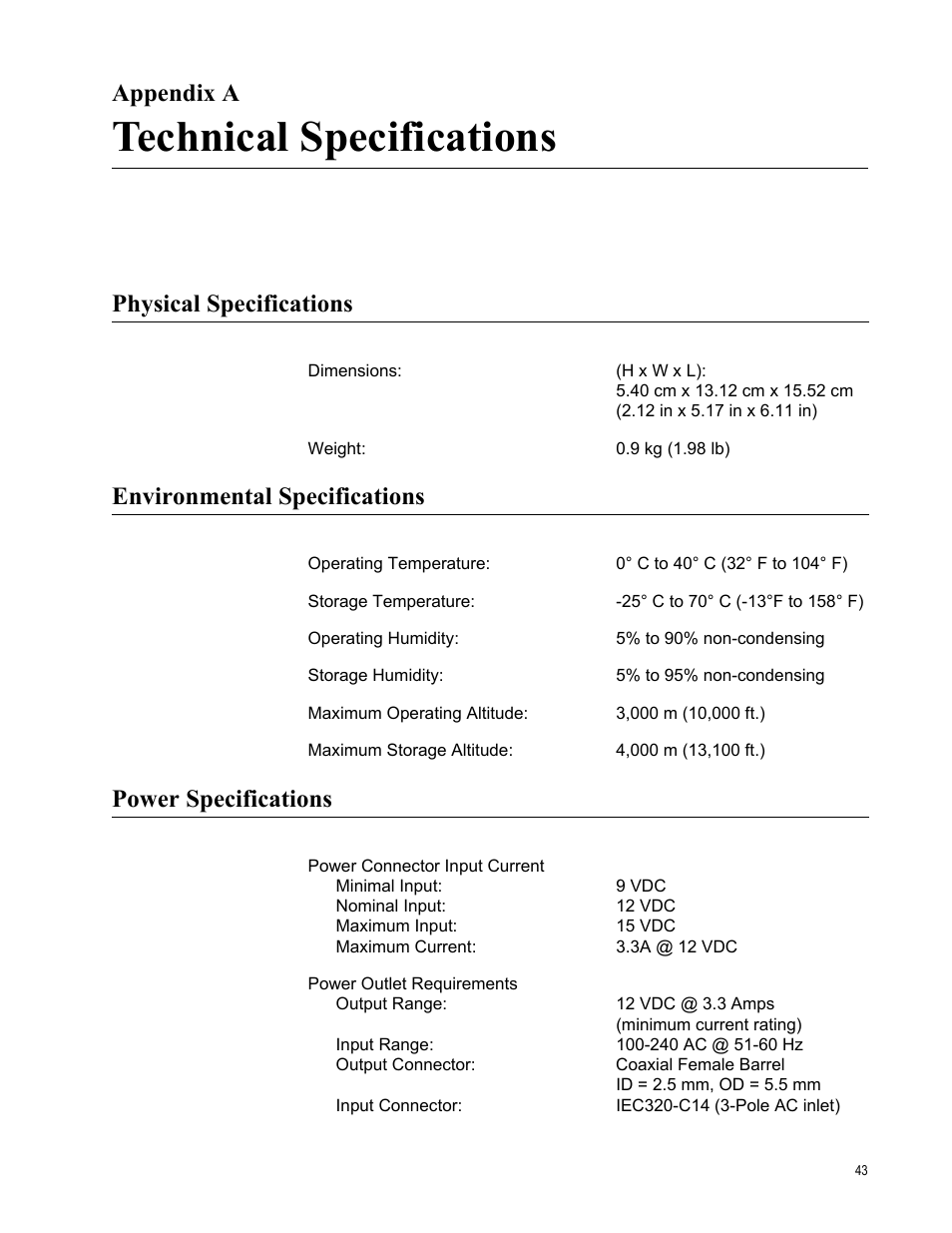 Appendix a, Technical specifications, Physical specifications | Environmental specifications, Power specifications, Appendix a: technical specifications | Allied Telesis AT-CV1203 User Manual | Page 43 / 44
