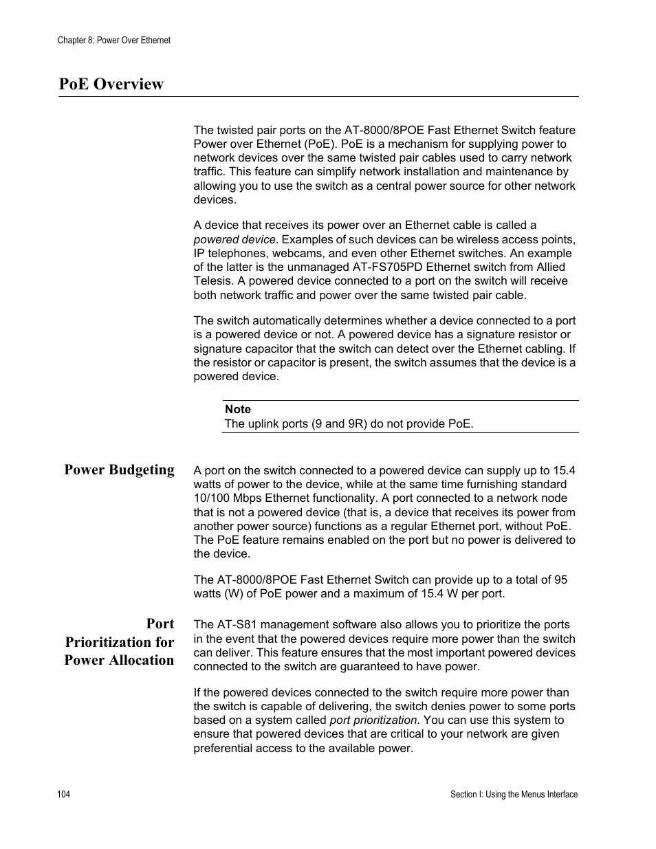 Poe overview, Power budgeting, Port prioritization for power allocation | Allied Telesis AT-S81 User Manual | Page 104 / 360