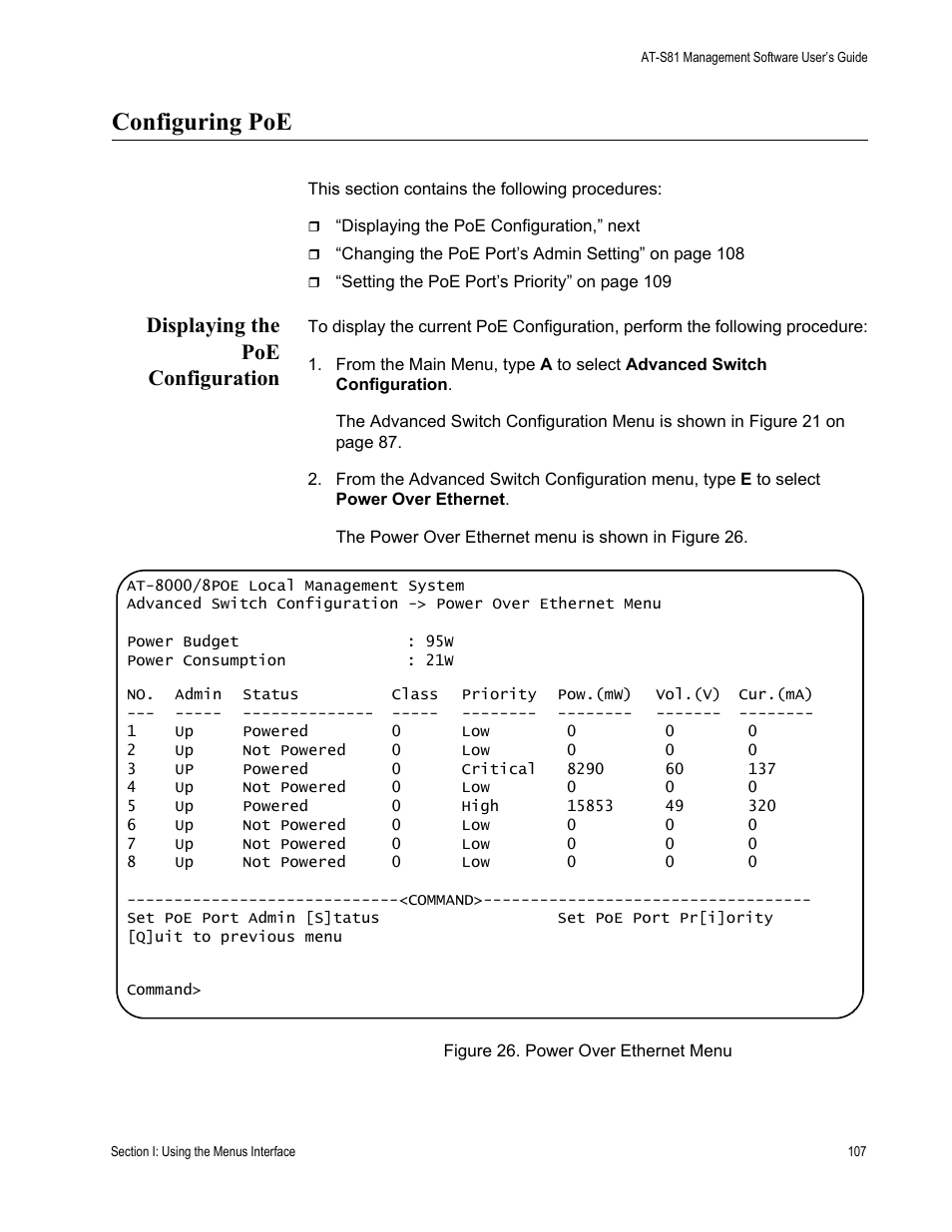 Configuring poe, Displaying the poe configuration | Allied Telesis AT-S81 User Manual | Page 107 / 360