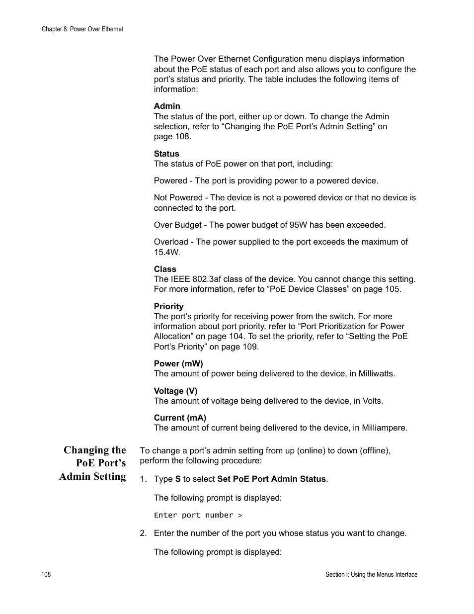 Changing the poe port’s admin setting | Allied Telesis AT-S81 User Manual | Page 108 / 360