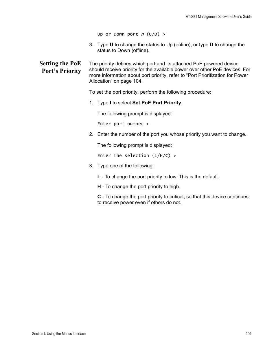 Setting the poe port’s priority | Allied Telesis AT-S81 User Manual | Page 109 / 360