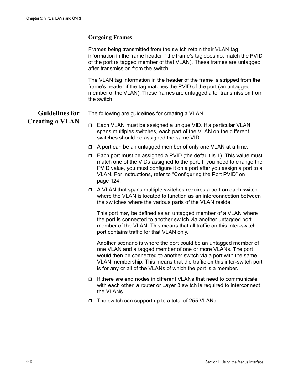 Guidelines for creating a vlan, Outgoing frames | Allied Telesis AT-S81 User Manual | Page 116 / 360