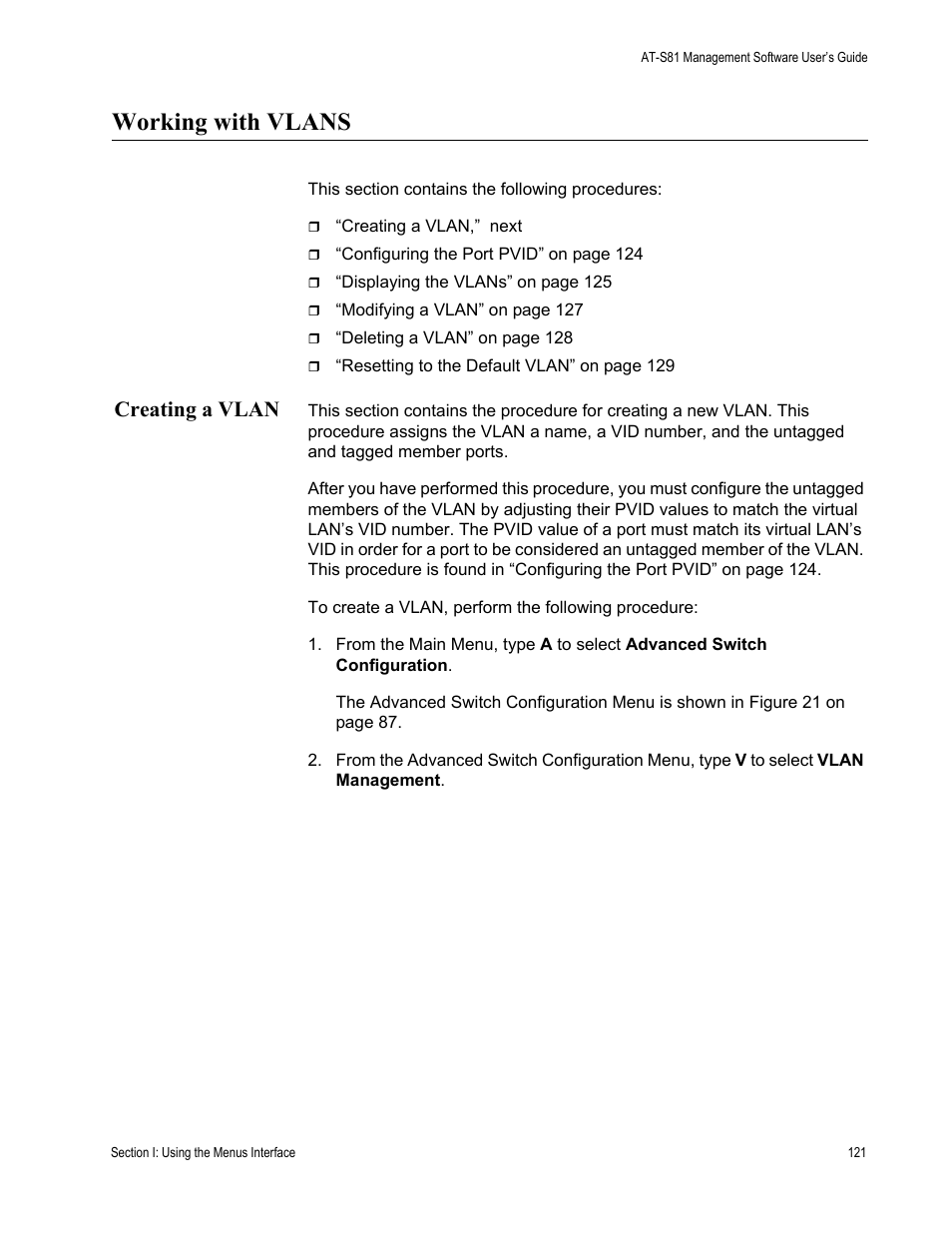 Working with vlans, Creating a vlan | Allied Telesis AT-S81 User Manual | Page 121 / 360