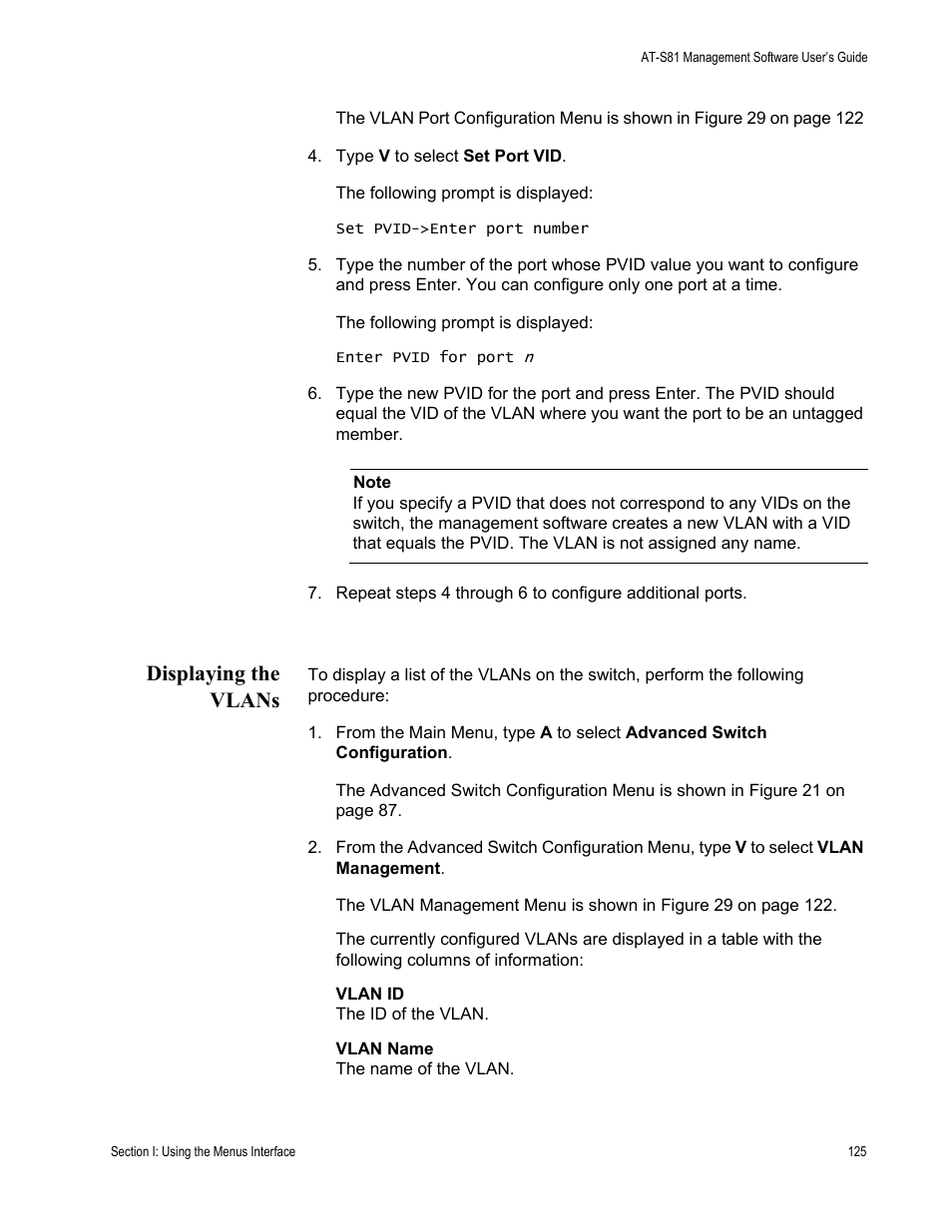 Displaying the vlans | Allied Telesis AT-S81 User Manual | Page 125 / 360