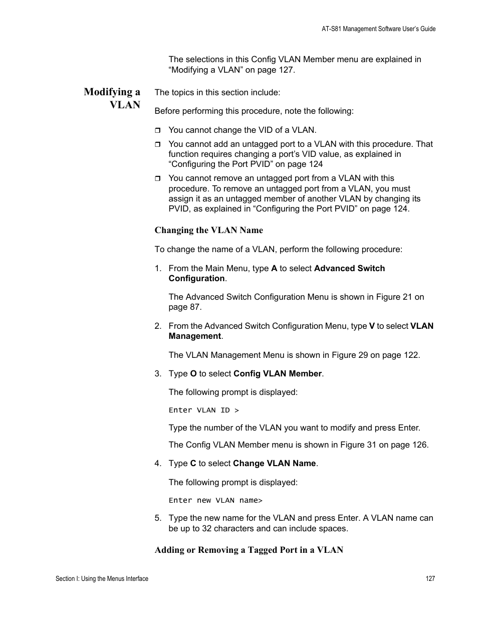Modifying a vlan | Allied Telesis AT-S81 User Manual | Page 127 / 360