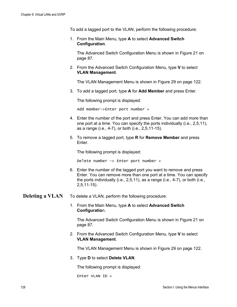 Deleting a vlan | Allied Telesis AT-S81 User Manual | Page 128 / 360