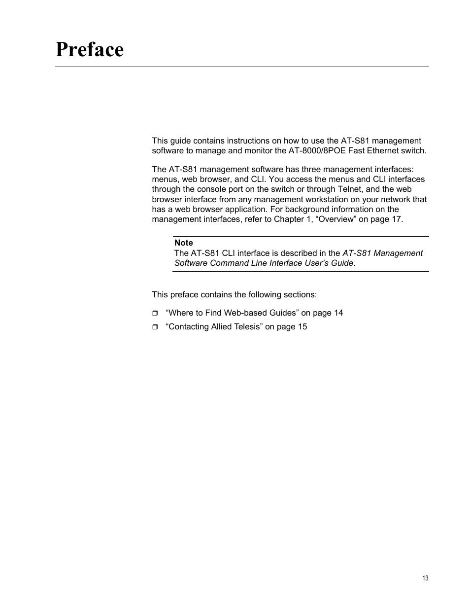 Preface | Allied Telesis AT-S81 User Manual | Page 13 / 360