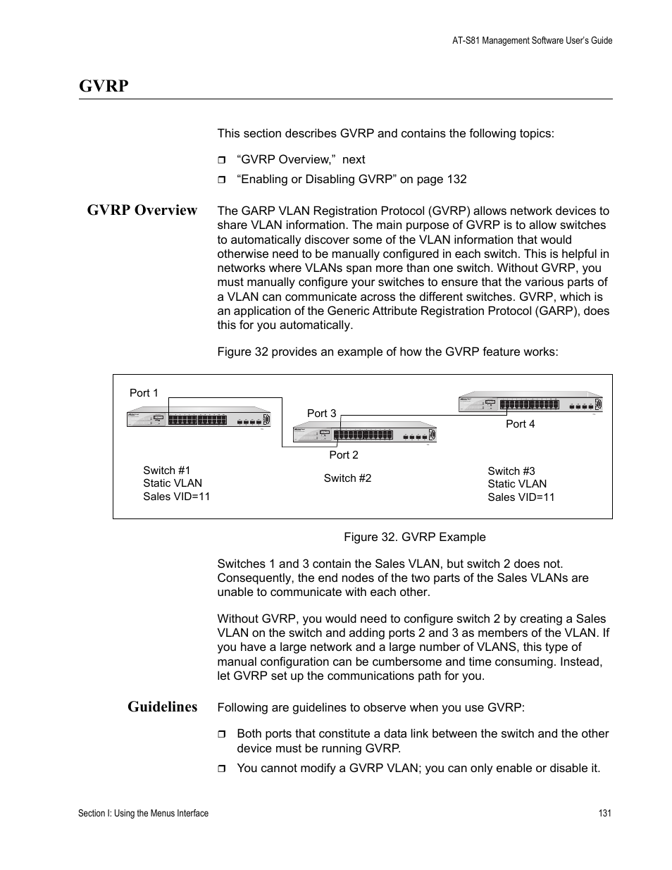 Gvrp, Gvrp overview, Guidelines | Gvrp overview guidelines | Allied Telesis AT-S81 User Manual | Page 131 / 360