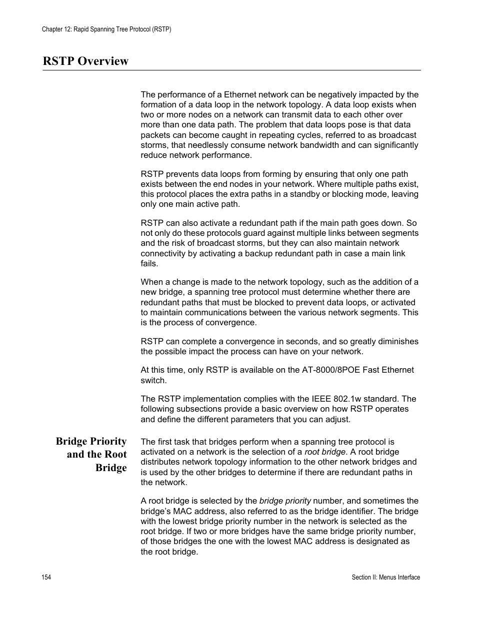Rstp overview, Bridge priority and the root bridge | Allied Telesis AT-S81 User Manual | Page 154 / 360