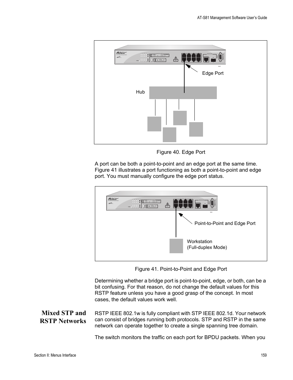 Mixed stp and rstp networks, Edge port | Allied Telesis AT-S81 User Manual | Page 159 / 360