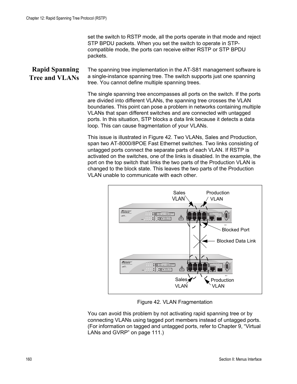 Rapid spanning tree and vlans, Vlan, Sales | Allied Telesis AT-S81 User Manual | Page 160 / 360