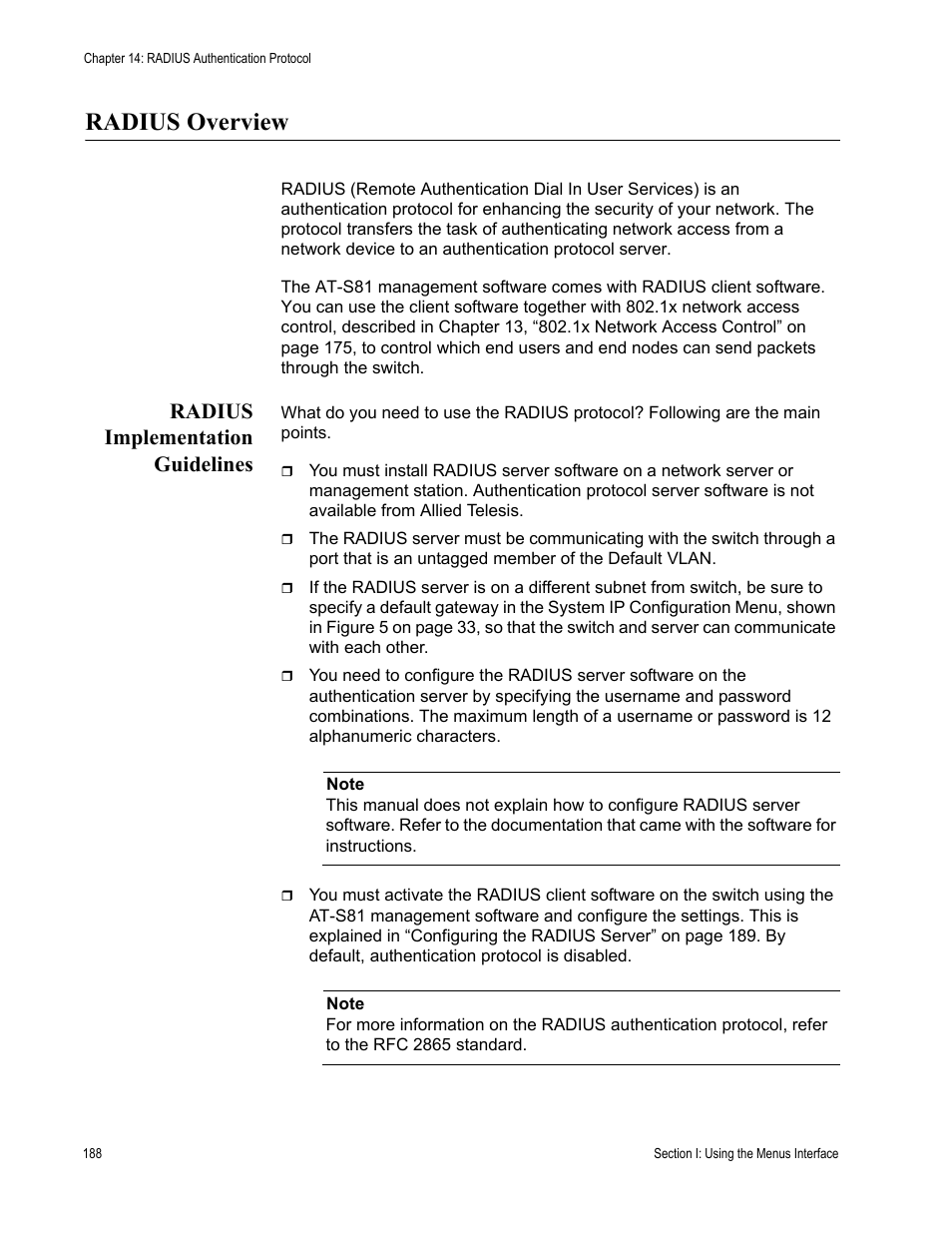 Radius overview, Radius implementation guidelines | Allied Telesis AT-S81 User Manual | Page 188 / 360
