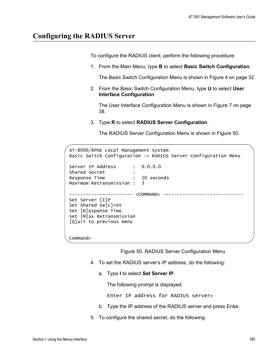 Configuring the radius server | Allied Telesis AT-S81 User Manual | Page 189 / 360