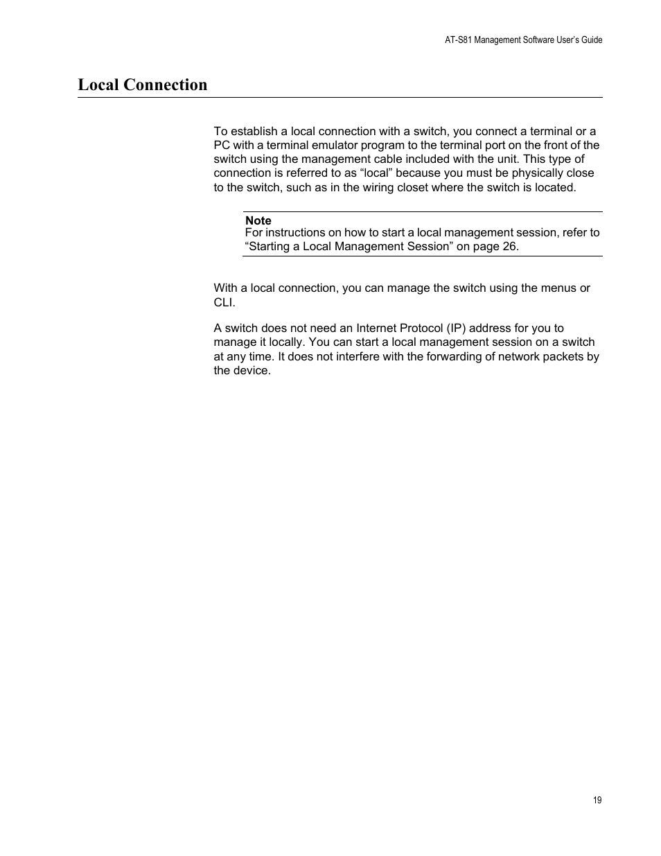 Local connection | Allied Telesis AT-S81 User Manual | Page 19 / 360