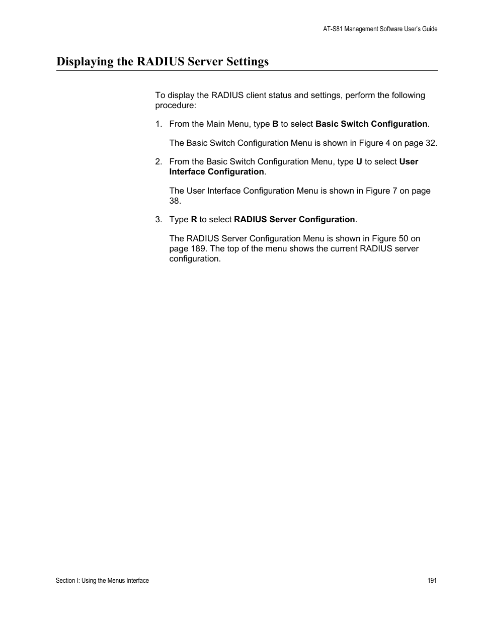 Displaying the radius server settings | Allied Telesis AT-S81 User Manual | Page 191 / 360