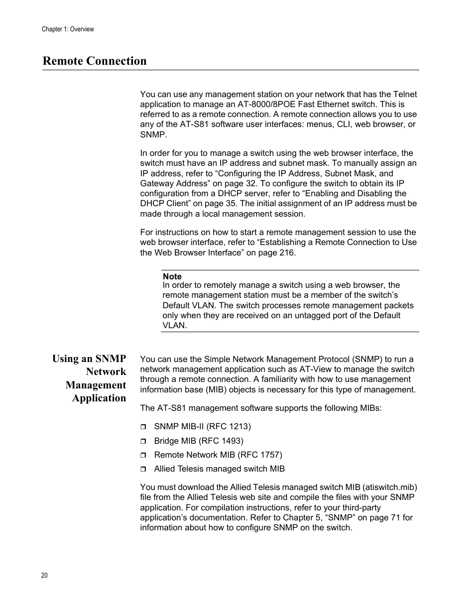 Remote connection, Using an snmp network management application | Allied Telesis AT-S81 User Manual | Page 20 / 360