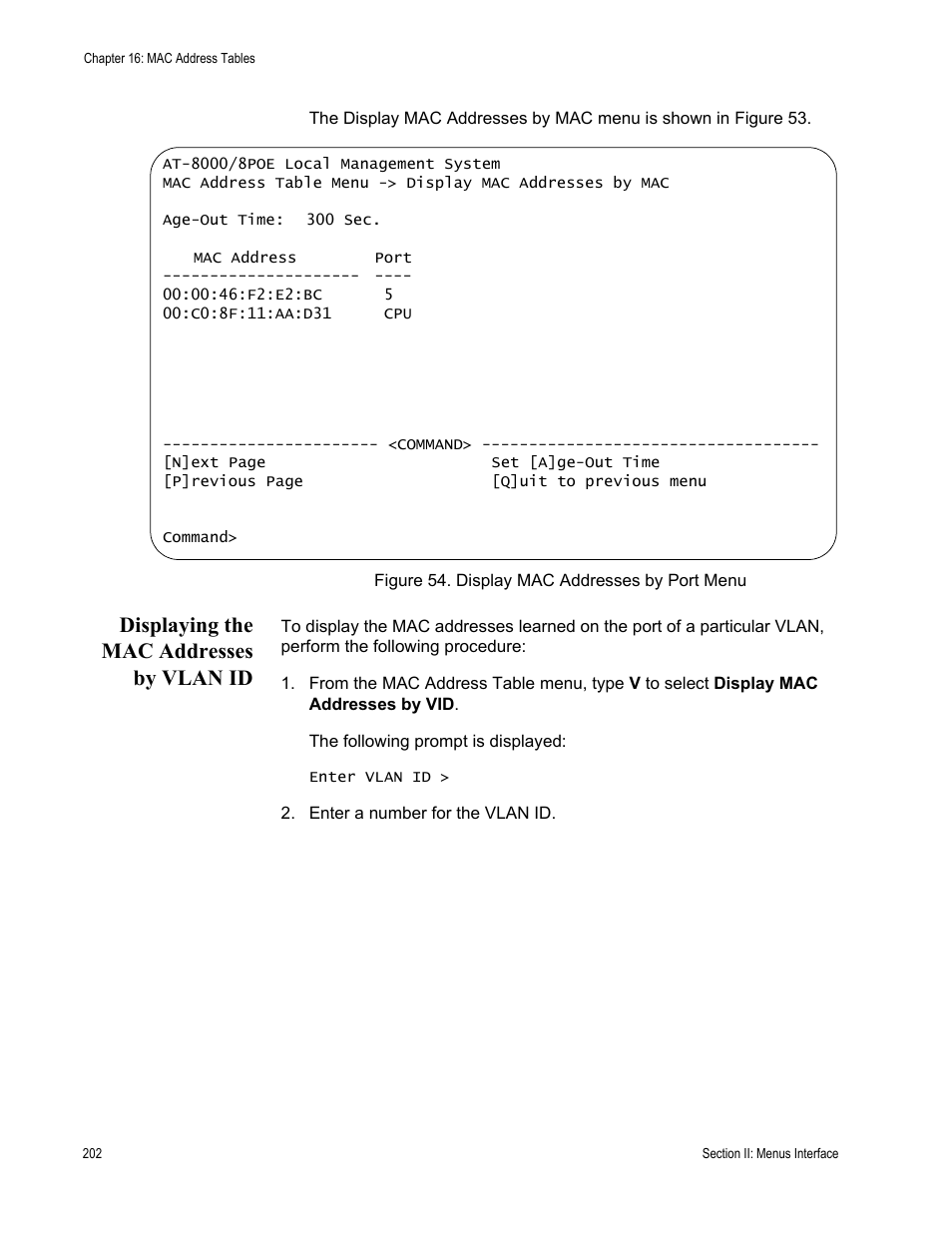 Displaying the mac addresses by vlan id | Allied Telesis AT-S81 User Manual | Page 202 / 360