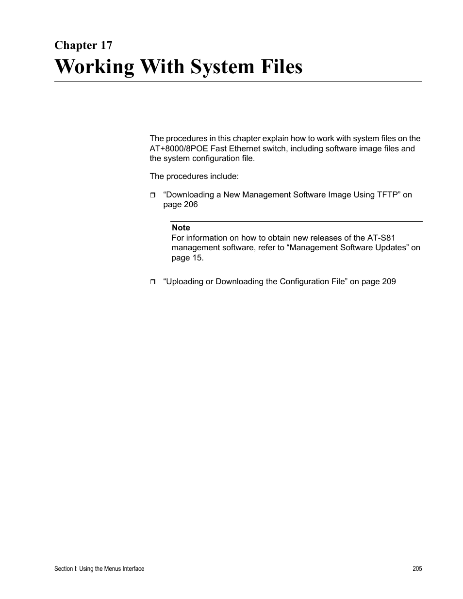 Chapter 17, Working with system files | Allied Telesis AT-S81 User Manual | Page 205 / 360