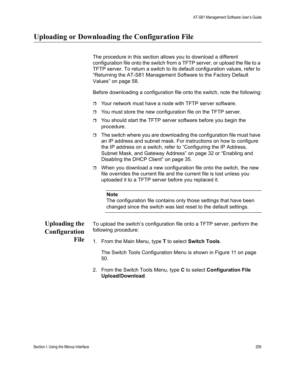 Uploading or downloading the configuration file, Uploading the configuration file | Allied Telesis AT-S81 User Manual | Page 209 / 360