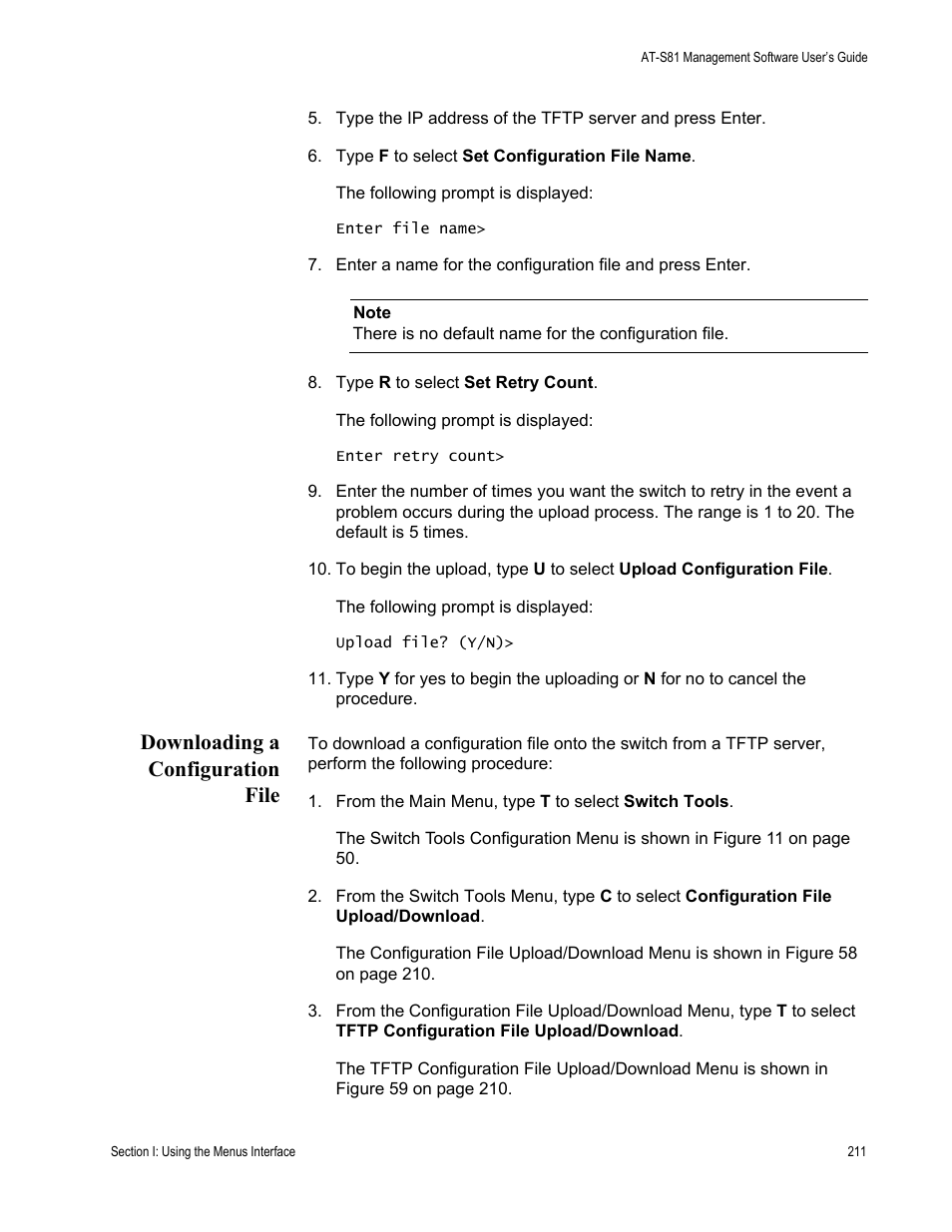 Downloading a configuration file | Allied Telesis AT-S81 User Manual | Page 211 / 360