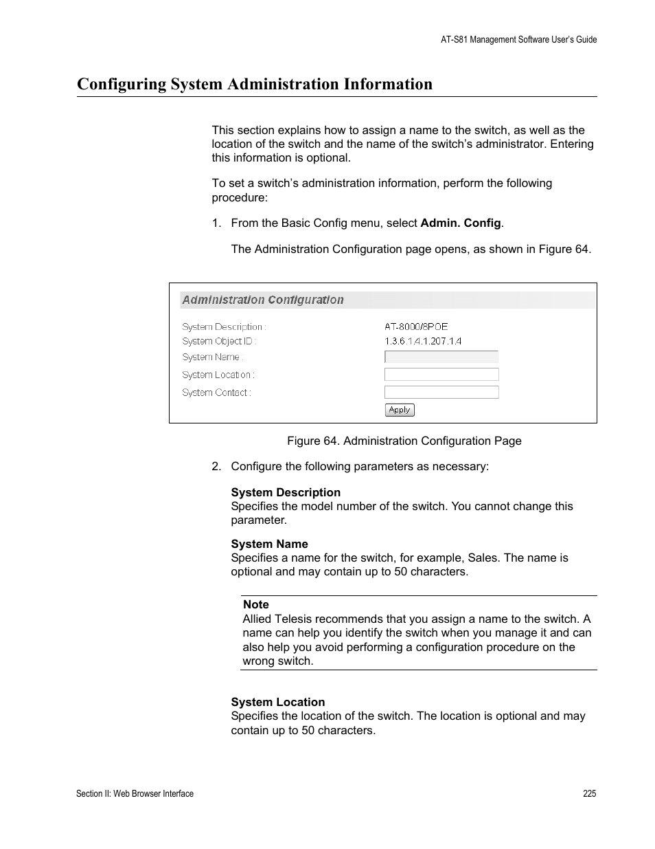 Configuring system administration information | Allied Telesis AT-S81 User Manual | Page 225 / 360