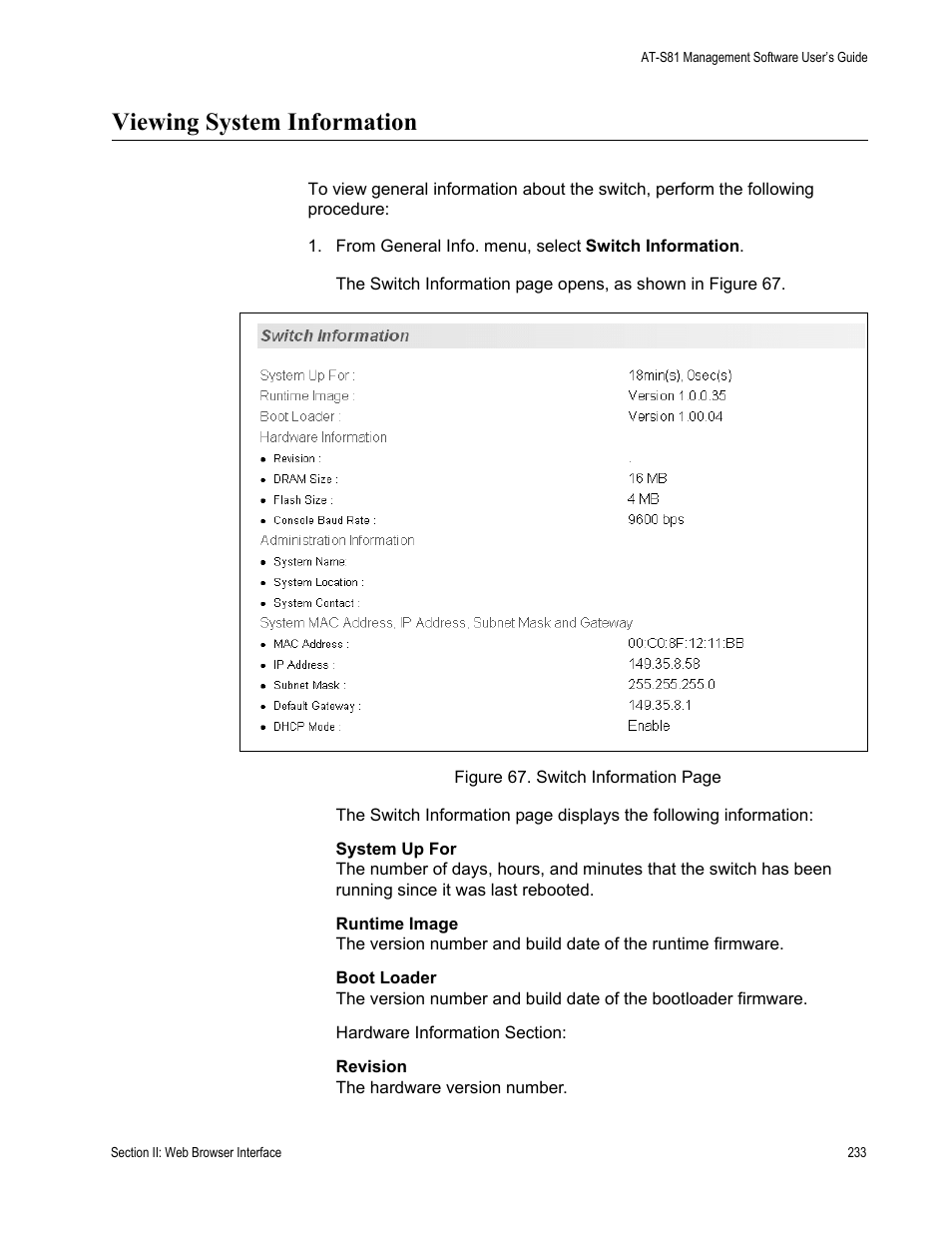 Viewing system information | Allied Telesis AT-S81 User Manual | Page 233 / 360