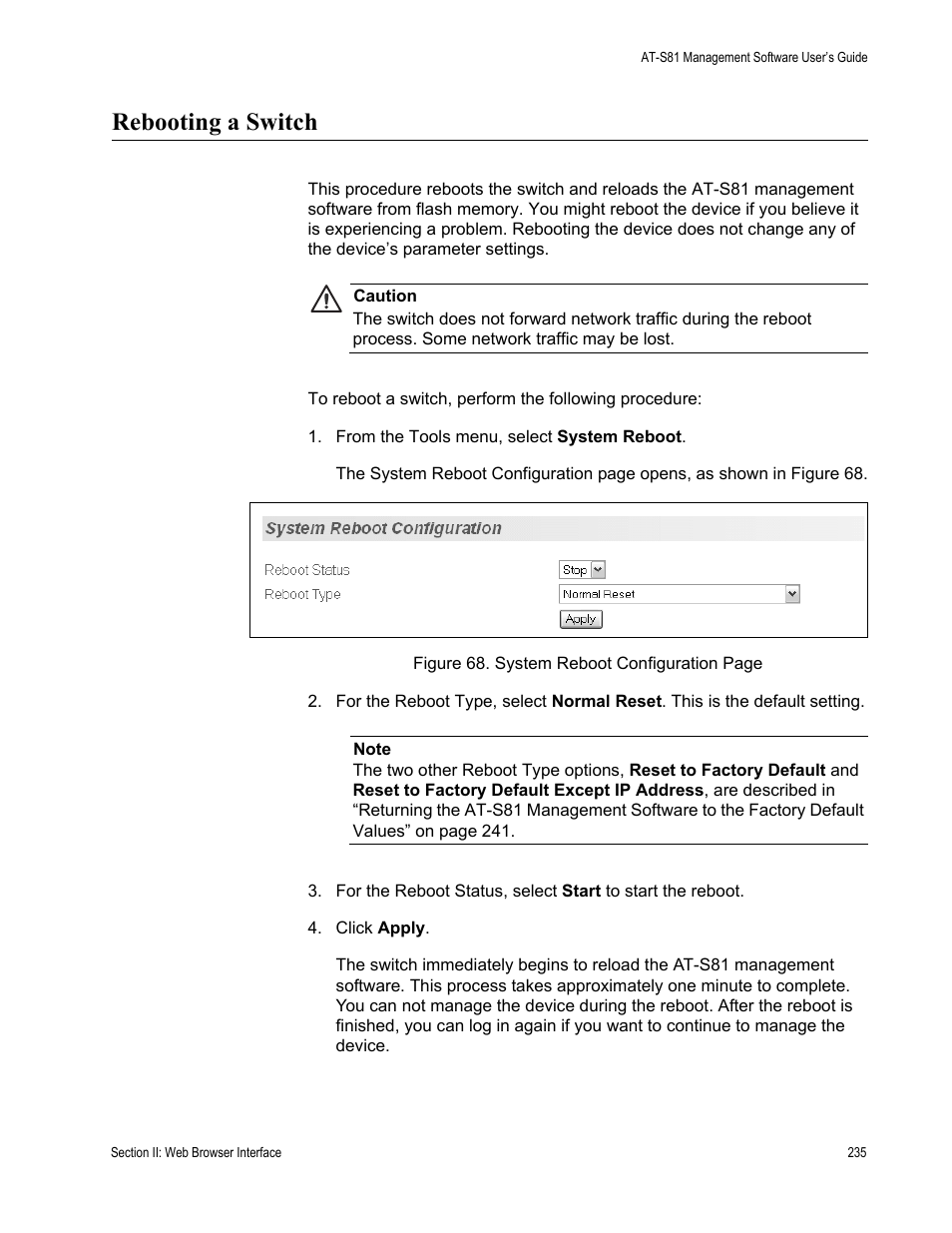 Rebooting a switch | Allied Telesis AT-S81 User Manual | Page 235 / 360