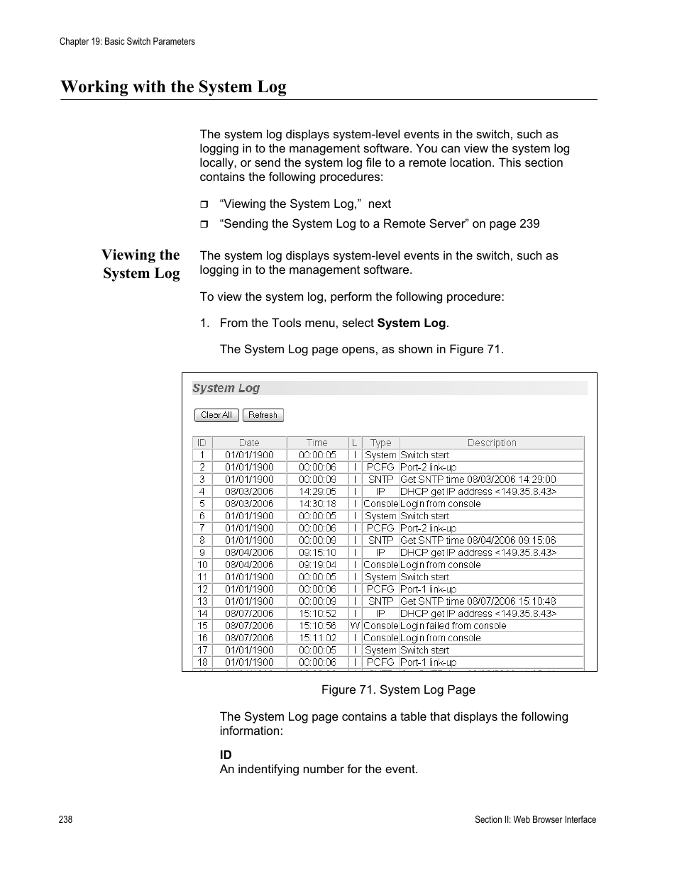 Working with the system log, Viewing the system log | Allied Telesis AT-S81 User Manual | Page 238 / 360
