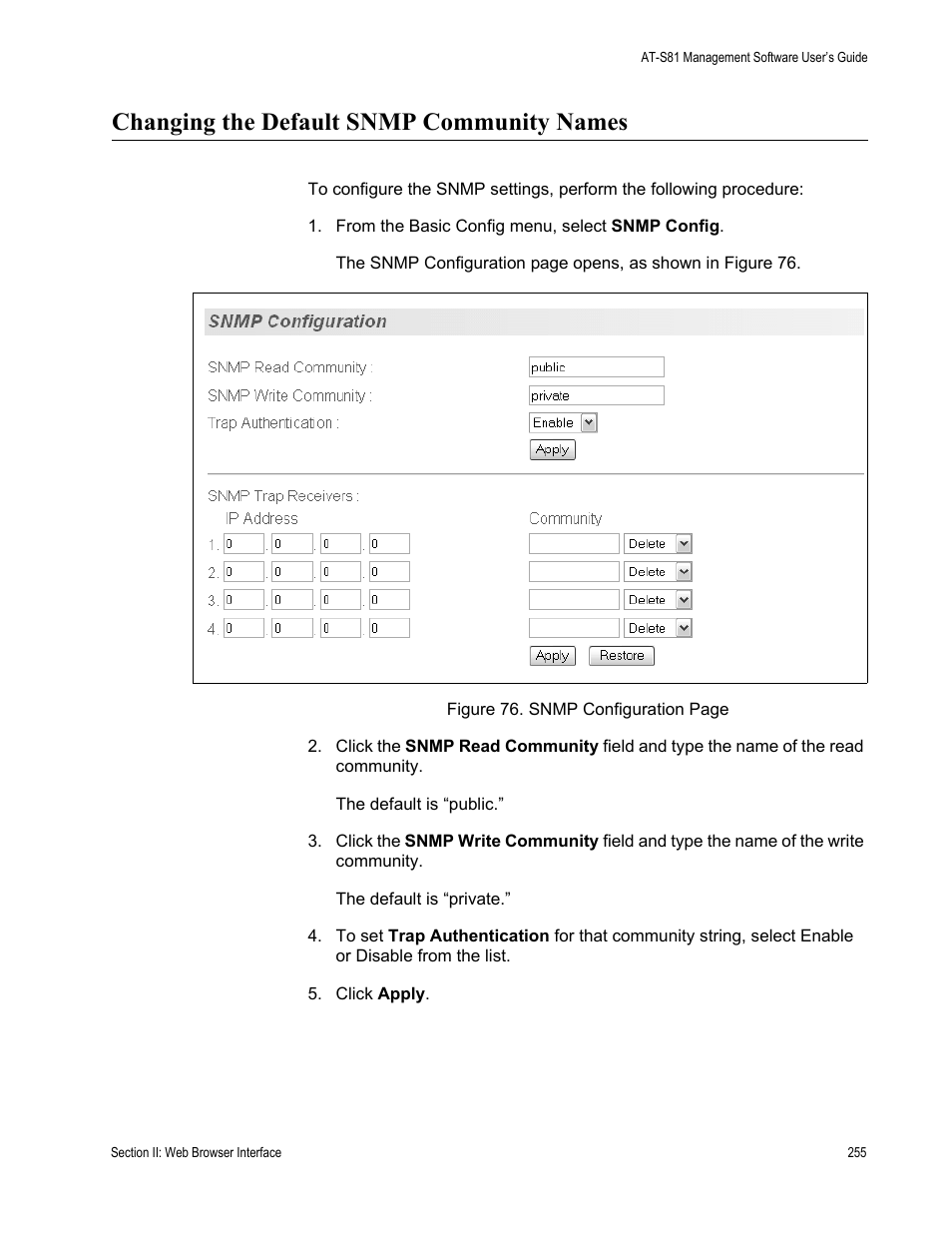 Changing the default snmp community names | Allied Telesis AT-S81 User Manual | Page 255 / 360