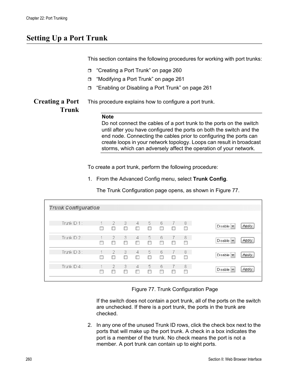 Setting up a port trunk, Creating a port trunk | Allied Telesis AT-S81 User Manual | Page 260 / 360