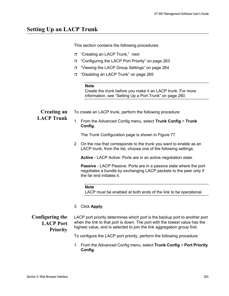 Setting up an lacp trunk, Creating an lacp trunk, Configuring the lacp port priority | Allied Telesis AT-S81 User Manual | Page 263 / 360