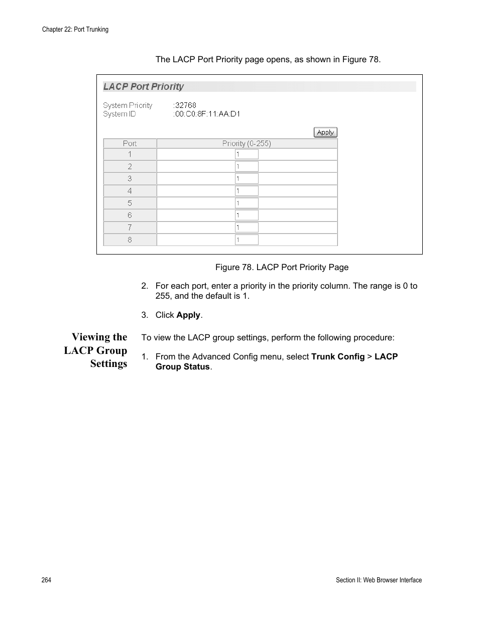 Viewing the lacp group settings | Allied Telesis AT-S81 User Manual | Page 264 / 360